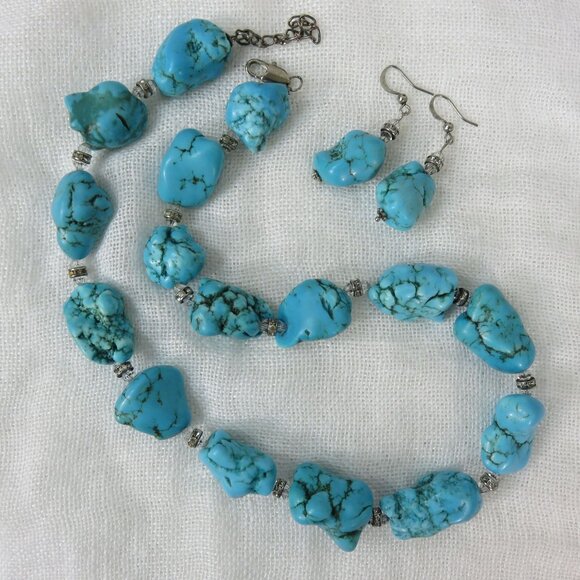 Vintage Turquoise Dyed Howlite Nugget Necklace Earring Set Silver Crystal Accent - Picture 7 of 16